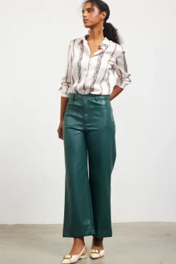 SKIES ARE BLUE Pants*Faux Leather Wide Leg Pants Astrogreen