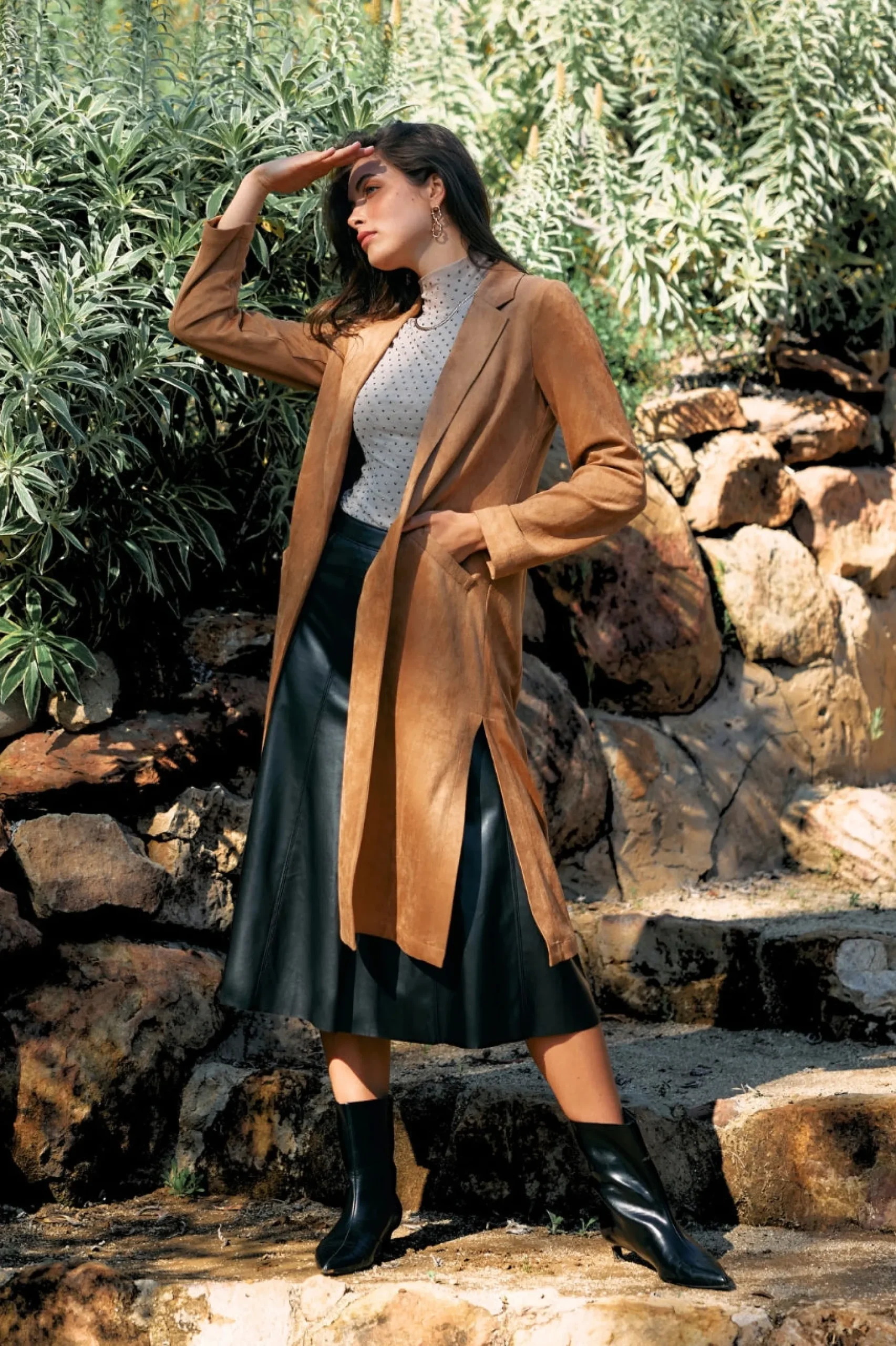 SKIES ARE BLUE Outerwear*Faux Suede Duster Coat Camel