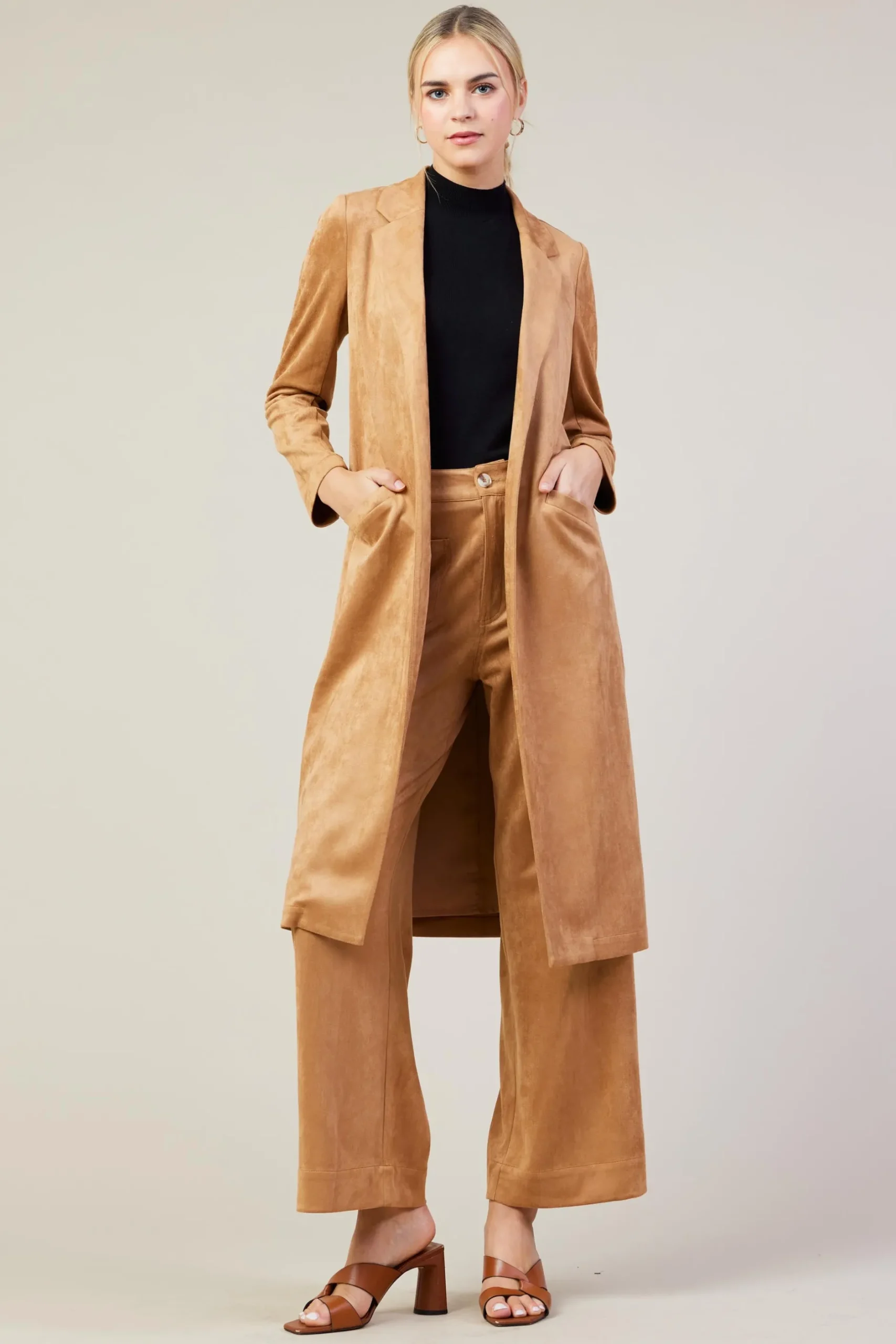 SKIES ARE BLUE Outerwear*Faux Suede Duster Coat Camel
