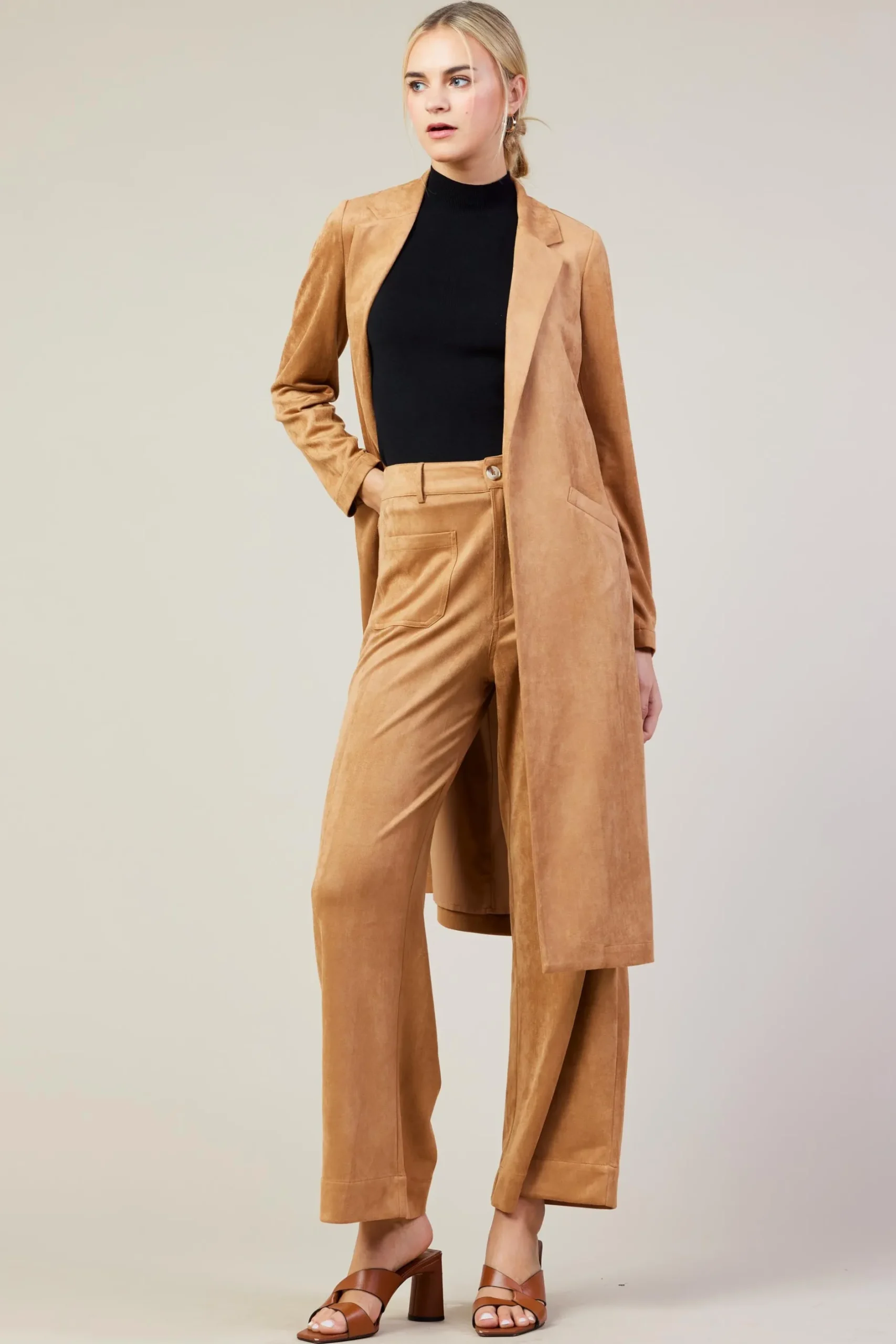 SKIES ARE BLUE Outerwear*Faux Suede Duster Coat Camel