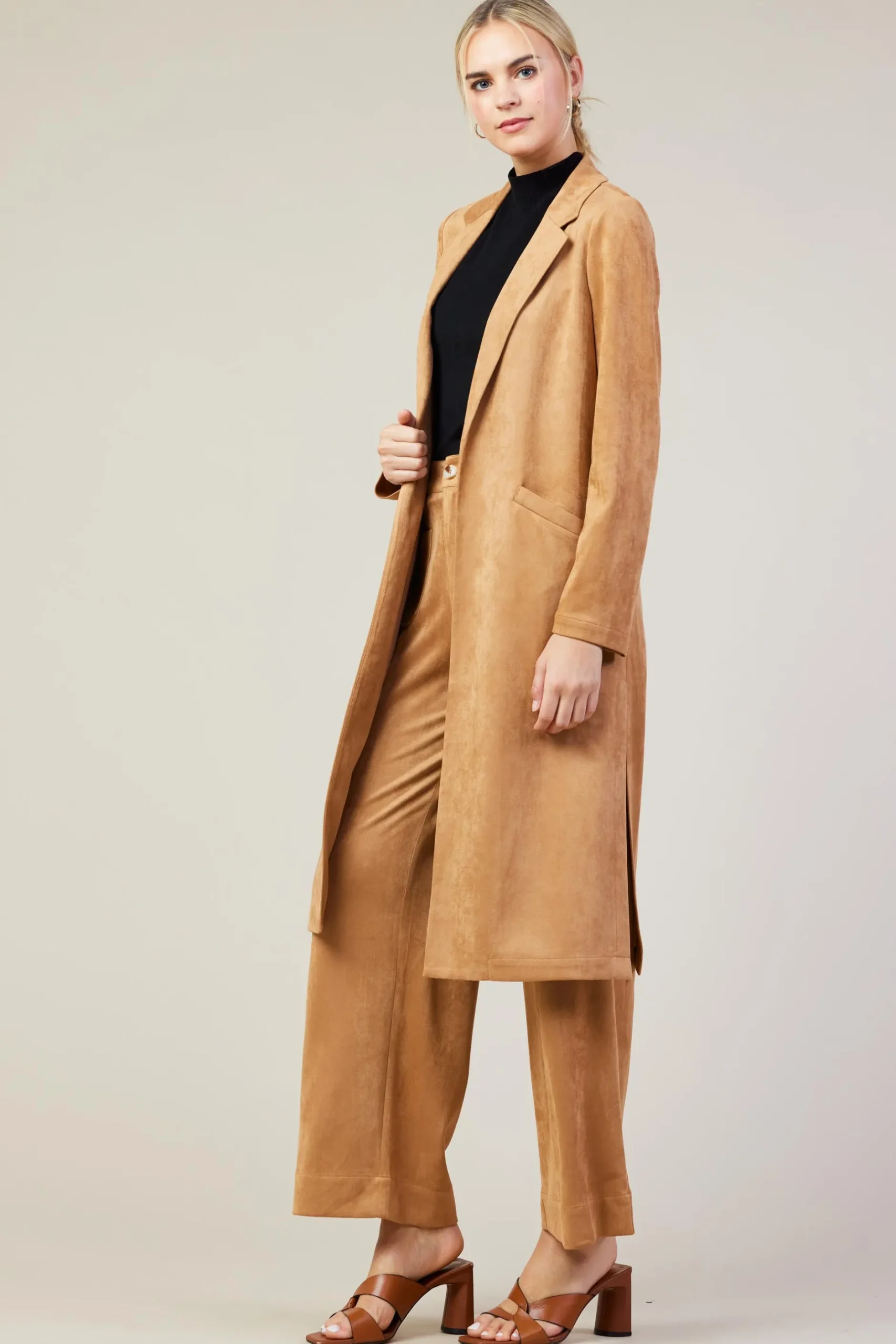 SKIES ARE BLUE Outerwear*Faux Suede Duster Coat Camel
