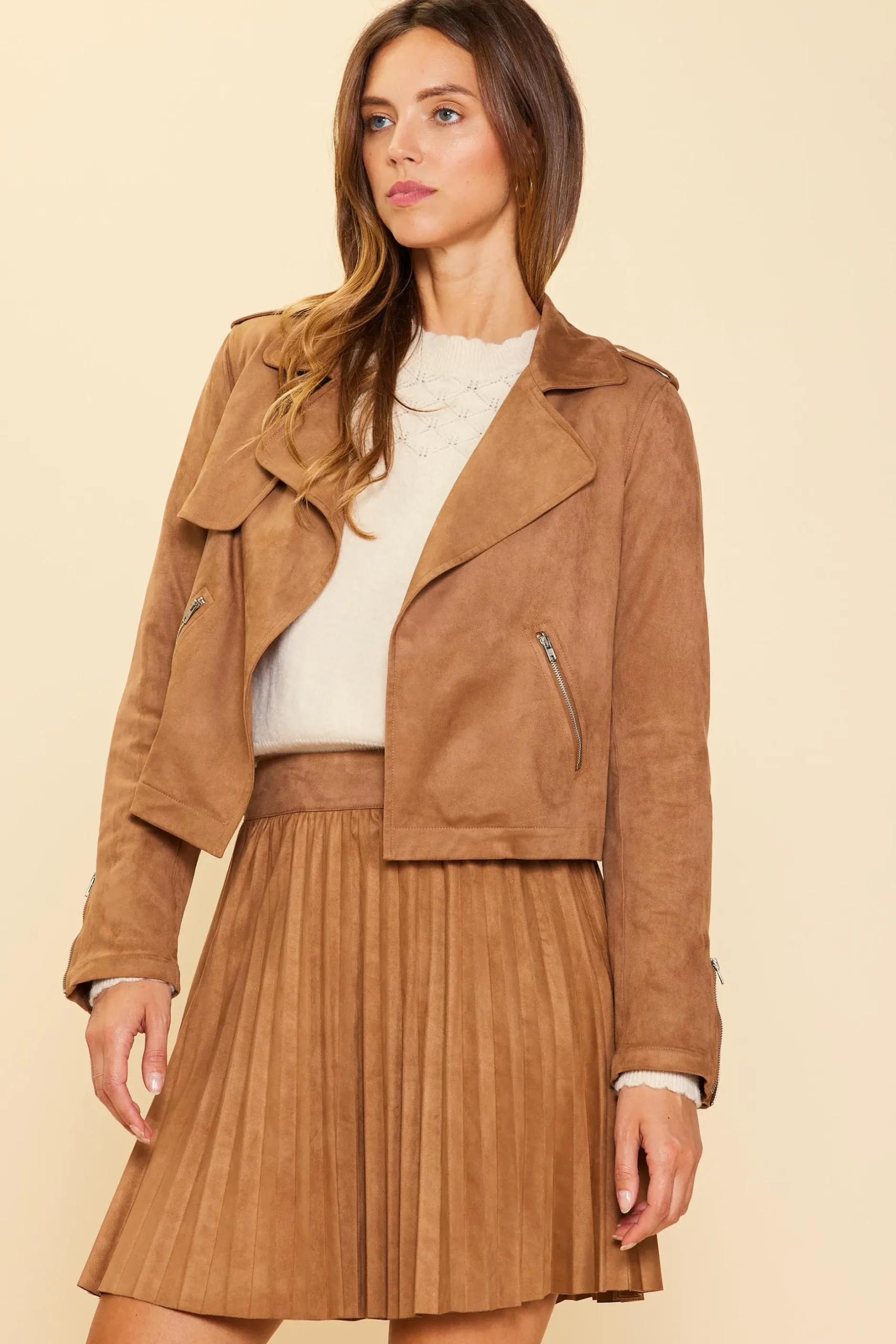 SKIES ARE BLUE Outerwear*Faux Suede Moto Jacket Brown-ivory