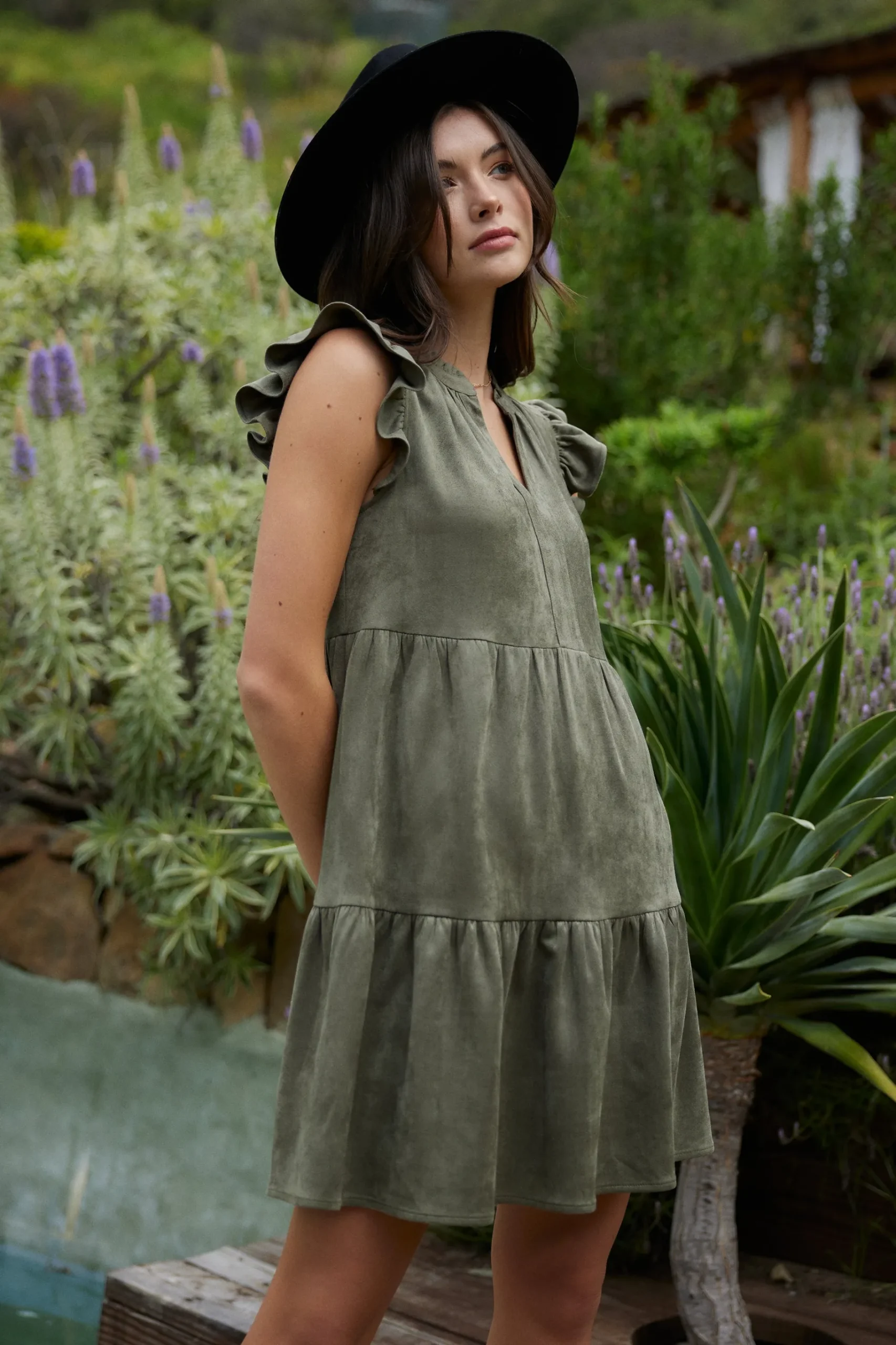 SKIES ARE BLUE Mini Dresses*Faux Suede Tiered Mini Dress Olive