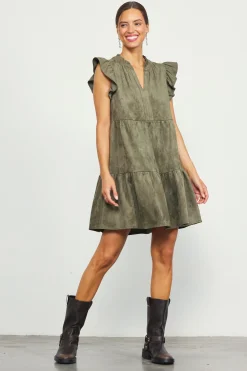 SKIES ARE BLUE Mini Dresses*Faux Suede Tiered Mini Dress Olive