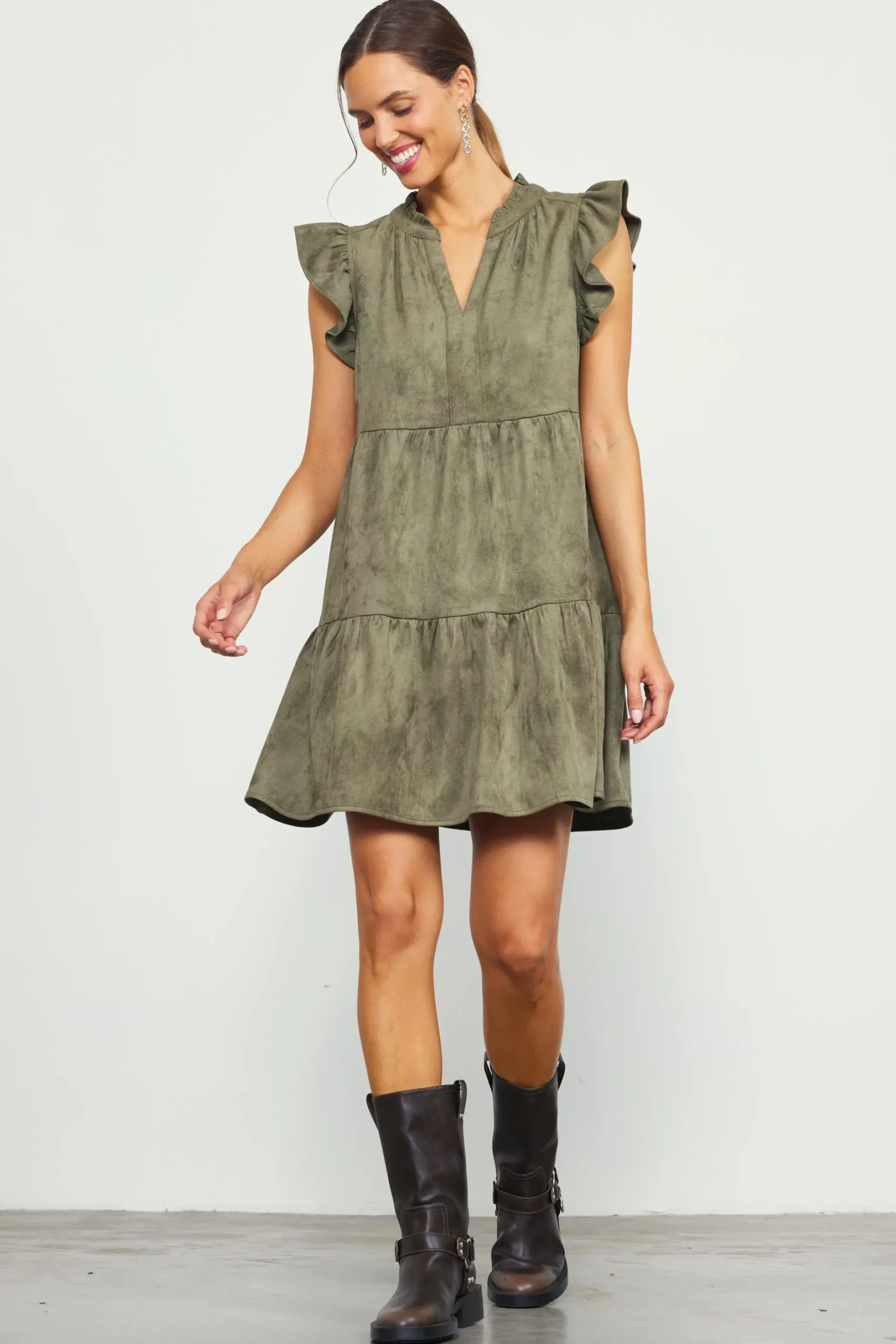 SKIES ARE BLUE Mini Dresses*Faux Suede Tiered Mini Dress Olive