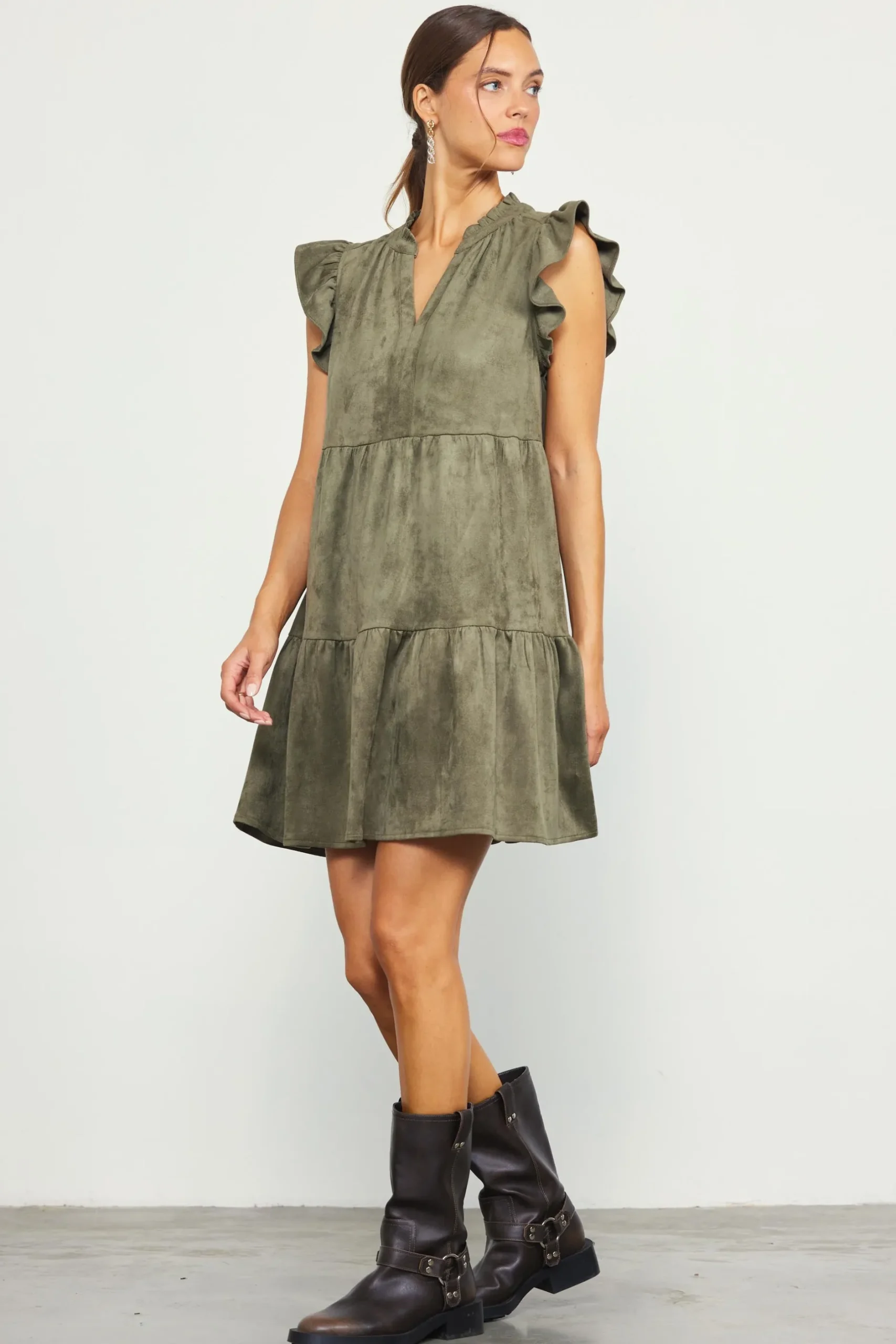 SKIES ARE BLUE Mini Dresses*Faux Suede Tiered Mini Dress Olive