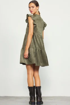 SKIES ARE BLUE Mini Dresses*Faux Suede Tiered Mini Dress Olive