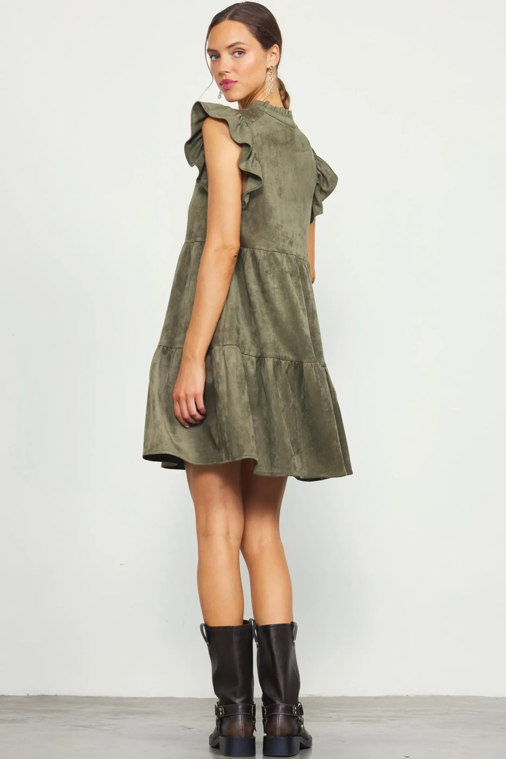 SKIES ARE BLUE Mini Dresses*Faux Suede Tiered Mini Dress Olive