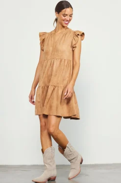 SKIES ARE BLUE Mini Dresses*Faux Suede Tiered Mini Dress Camel