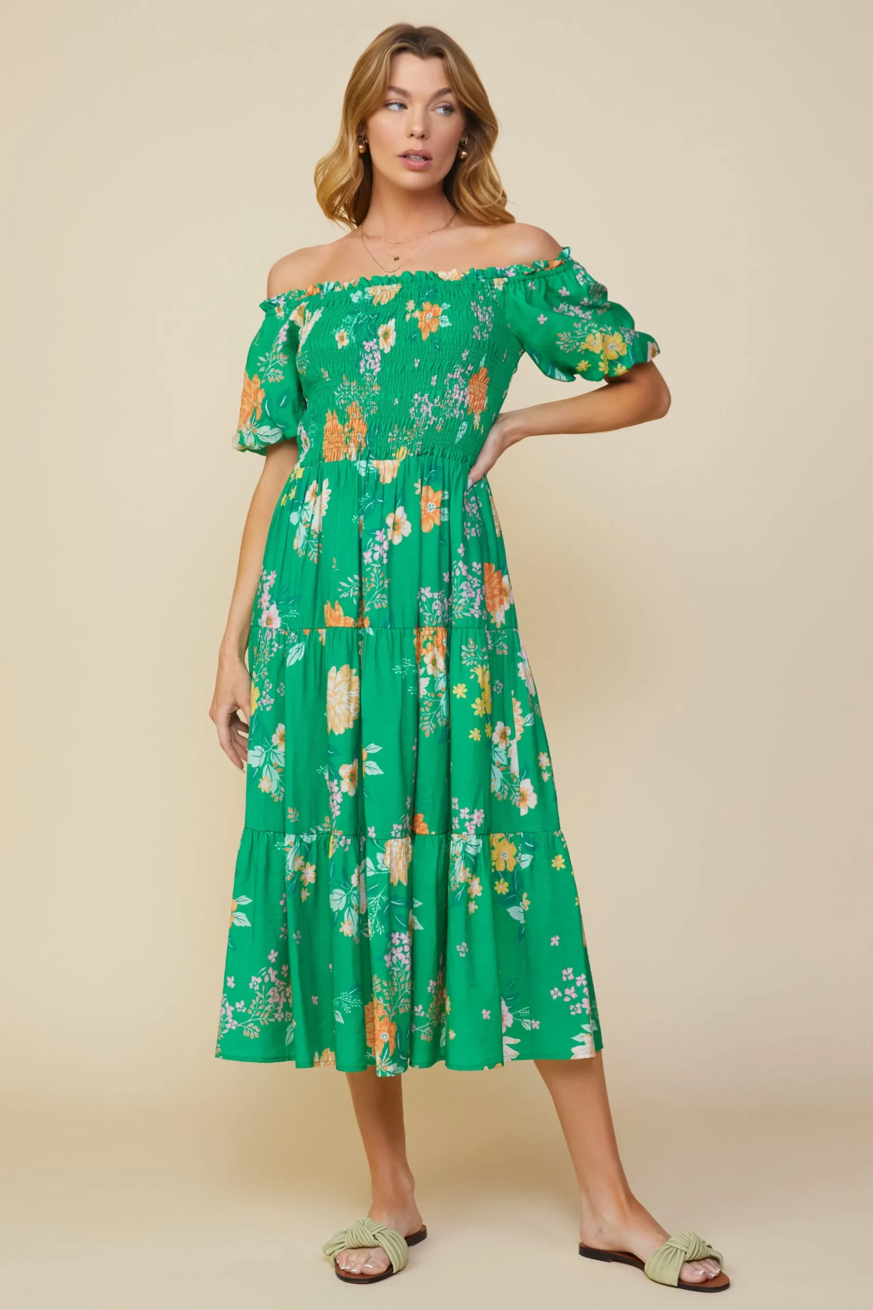 SKIES ARE BLUE Midi Dresses*Fleur Print Off Shoulder Midi Dress Kelly-green