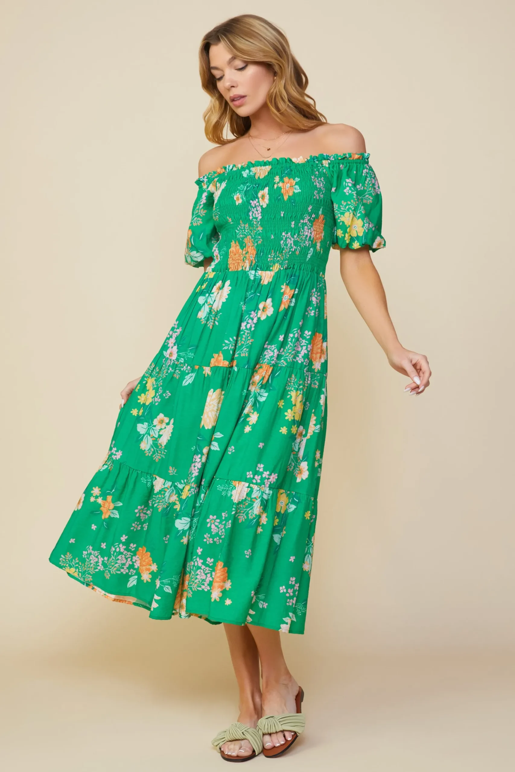 SKIES ARE BLUE Midi Dresses*Fleur Print Off Shoulder Midi Dress Kelly-green