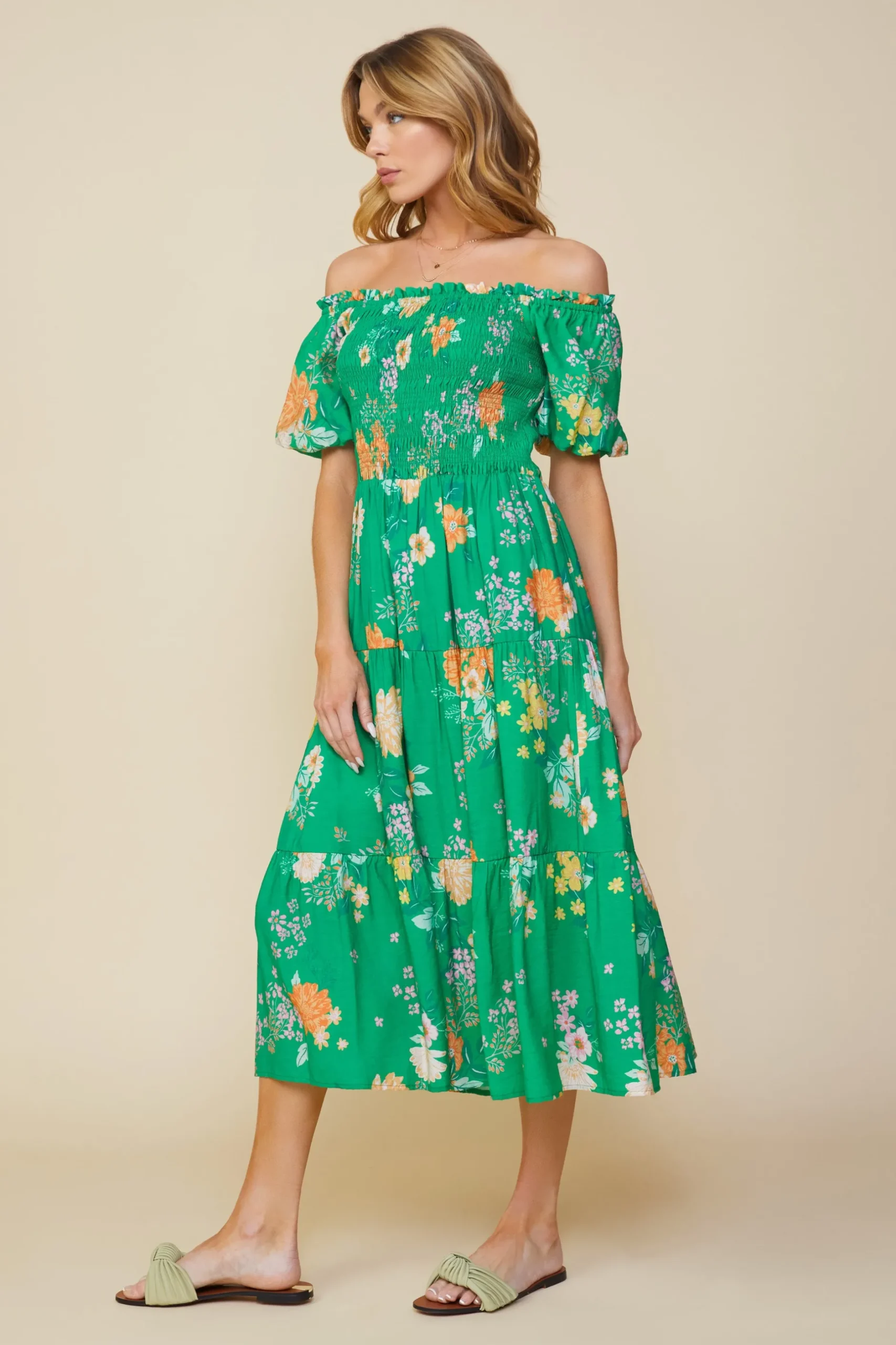 SKIES ARE BLUE Midi Dresses*Fleur Print Off Shoulder Midi Dress Kelly-green