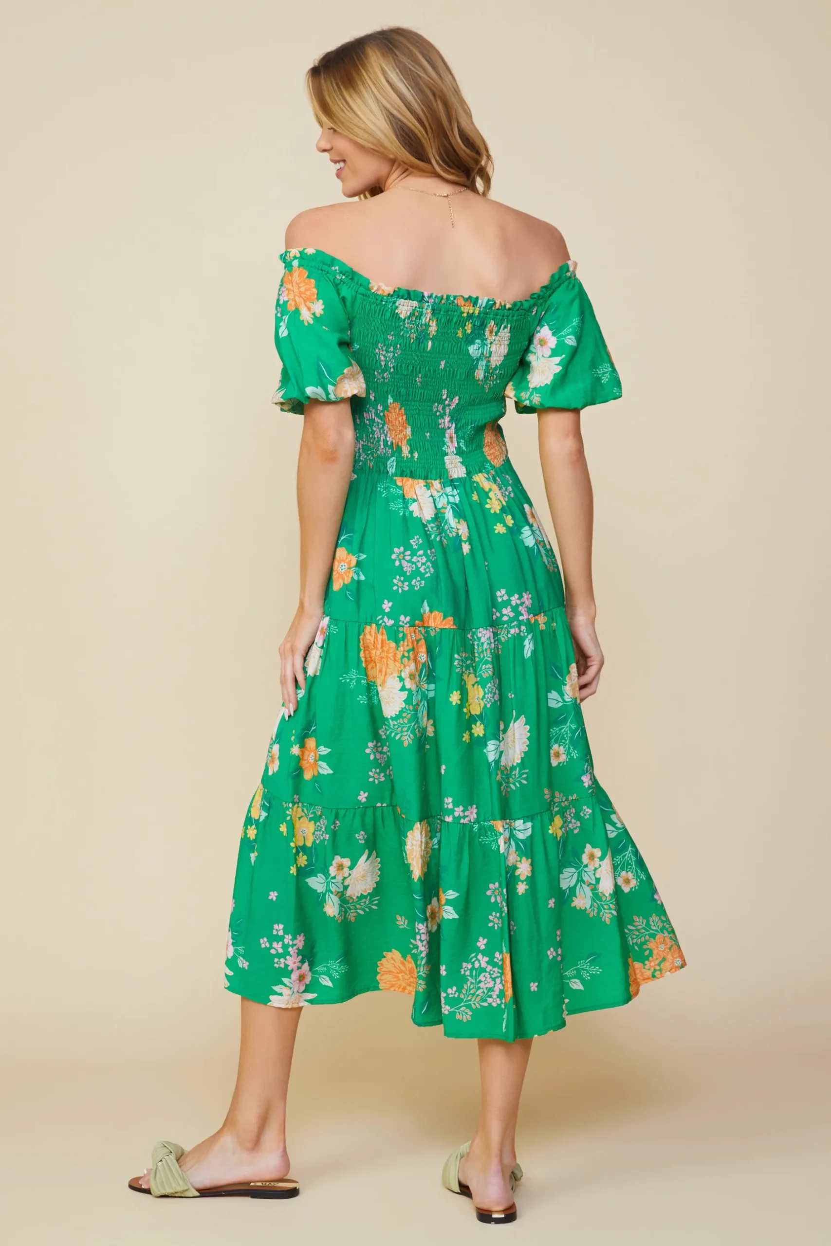 SKIES ARE BLUE Midi Dresses*Fleur Print Off Shoulder Midi Dress Kelly-green