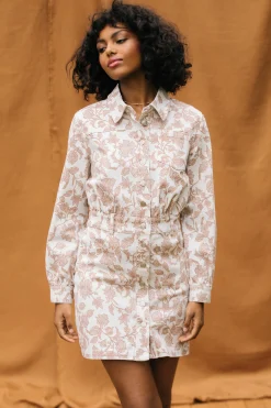 SKIES ARE BLUE Mini Dresses*Floral Denim Button Down Dress Ivory-tan