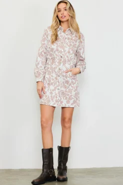 SKIES ARE BLUE Mini Dresses*Floral Denim Button Down Dress Ivory-tan