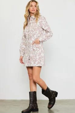 SKIES ARE BLUE Mini Dresses*Floral Denim Button Down Dress Ivory-tan