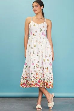 SKIES ARE BLUE Midi Dresses*Floral Motif Print Midi Dress Ivory-red