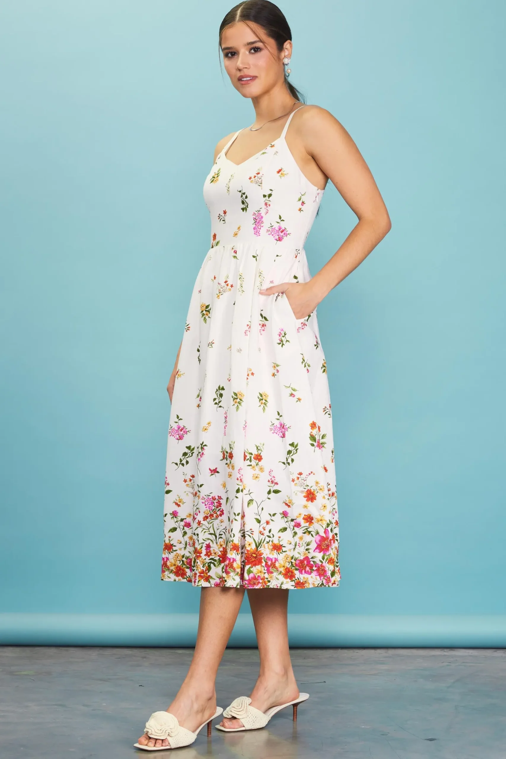SKIES ARE BLUE Midi Dresses*Floral Motif Print Midi Dress Ivory-red