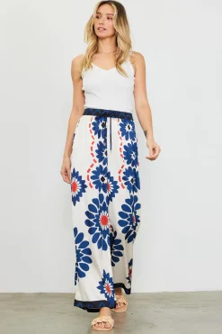 SKIES ARE BLUE Pants*Floral Print Elastic Waistband Pants Ivory-navy