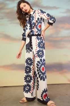 SKIES ARE BLUE Pants*Floral Print Elastic Waistband Pants Ivory-navy