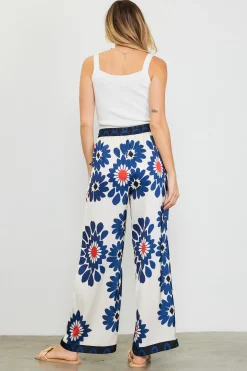 SKIES ARE BLUE Pants*Floral Print Elastic Waistband Pants Ivory-navy