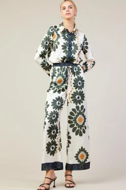 SKIES ARE BLUE Pants*Floral Print Elastic Waistband Pants Cream-olive