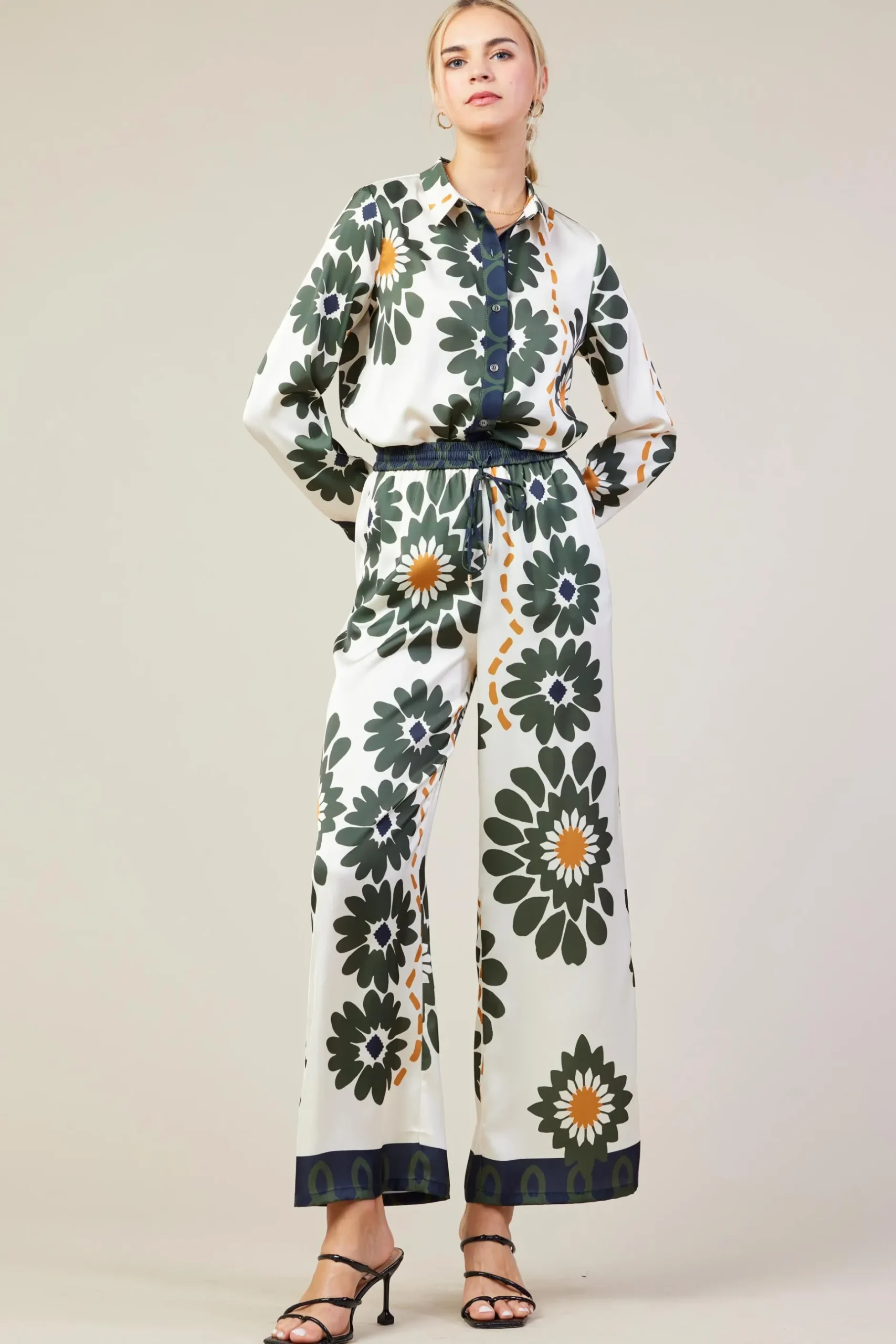 SKIES ARE BLUE Pants*Floral Print Elastic Waistband Pants Cream-olive