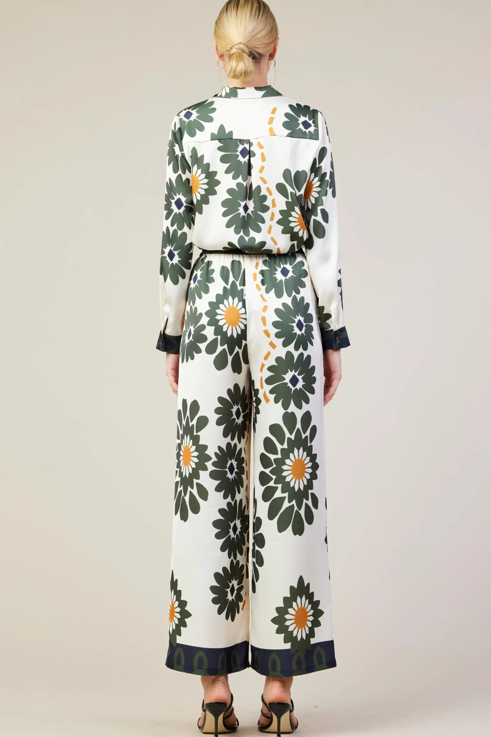 SKIES ARE BLUE Pants*Floral Print Elastic Waistband Pants Cream-olive