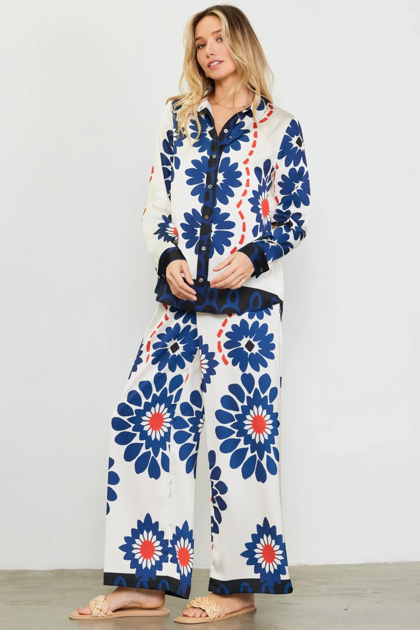 SKIES ARE BLUE Blouses|Long Sleeve Tops*Floral Print Longsleeve Blouse Ivory-navy