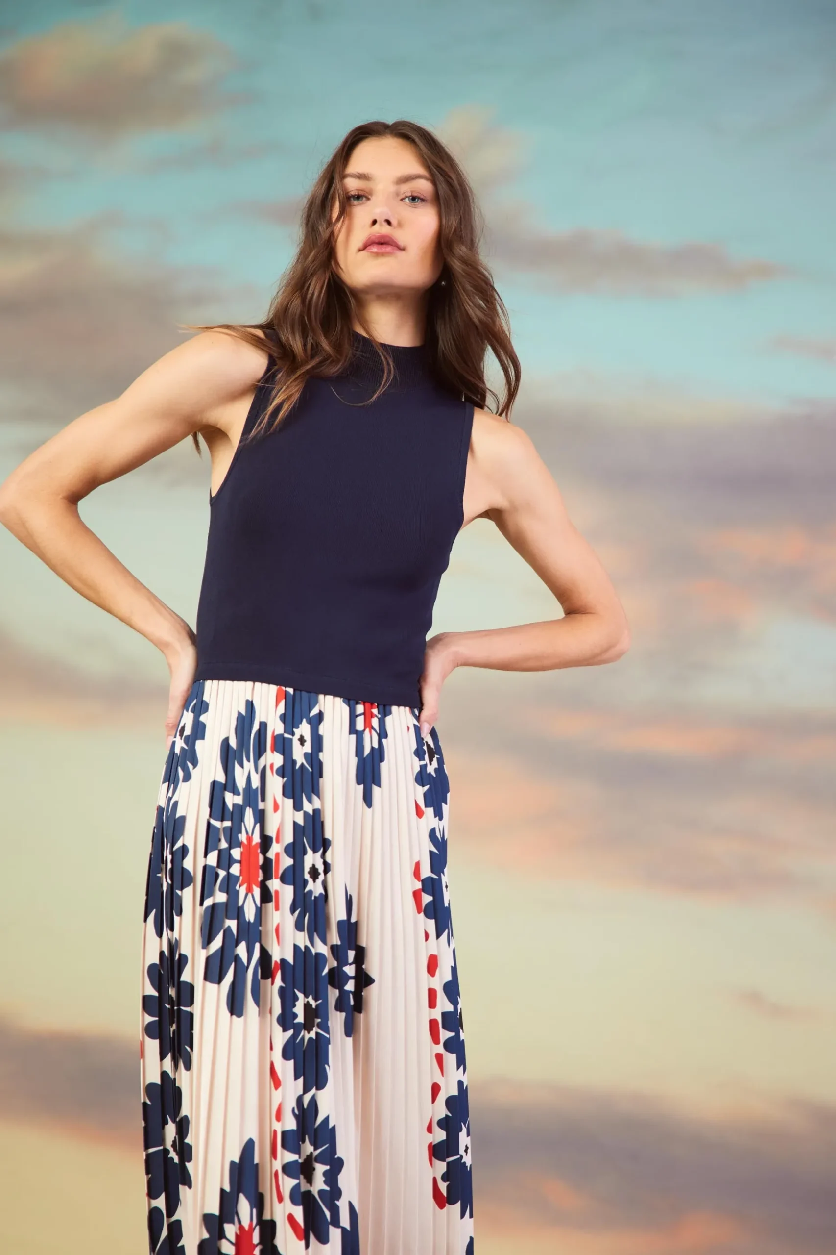 SKIES ARE BLUE Midi Dresses*Floral Print Mixed Media Dress Ivory-navy
