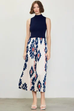 SKIES ARE BLUE Midi Dresses*Floral Print Mixed Media Dress Ivory-navy
