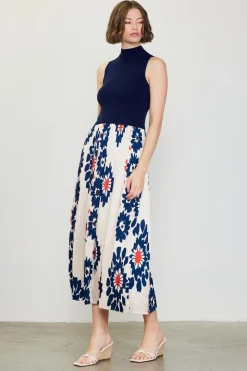 SKIES ARE BLUE Midi Dresses*Floral Print Mixed Media Dress Ivory-navy