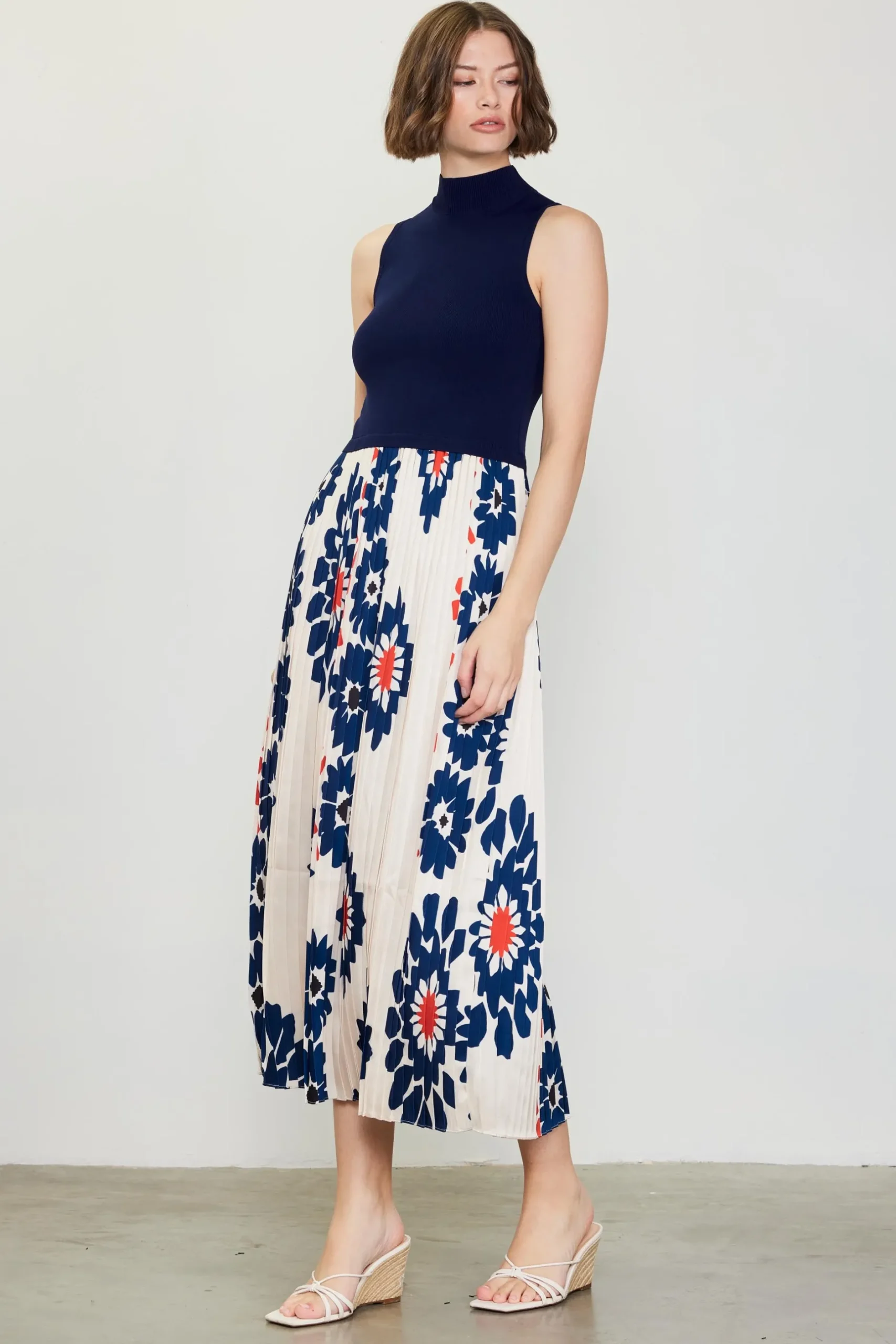 SKIES ARE BLUE Midi Dresses*Floral Print Mixed Media Dress Ivory-navy