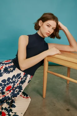 SKIES ARE BLUE Midi Dresses*Floral Print Mixed Media Dress Ivory-navy