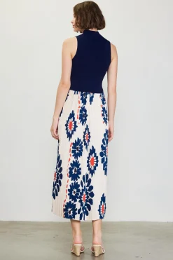 SKIES ARE BLUE Midi Dresses*Floral Print Mixed Media Dress Ivory-navy