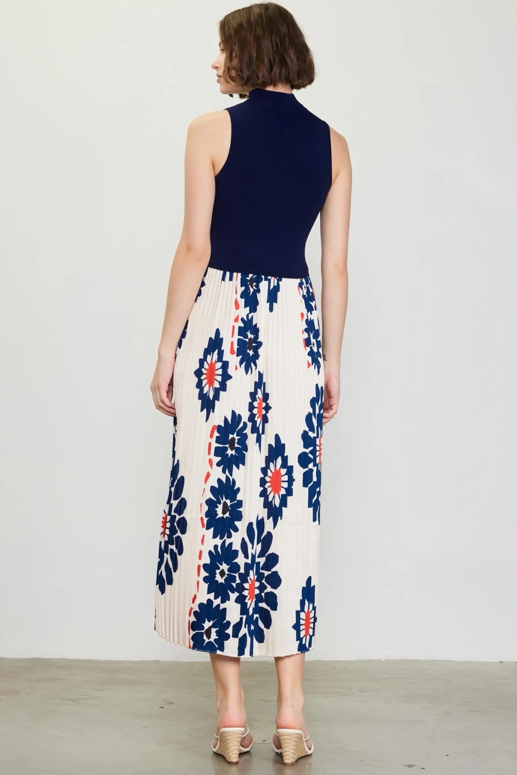 SKIES ARE BLUE Midi Dresses*Floral Print Mixed Media Dress Ivory-navy