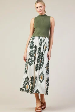 SKIES ARE BLUE Midi Dresses*Floral Print Mixed Media Dress Cream-olive