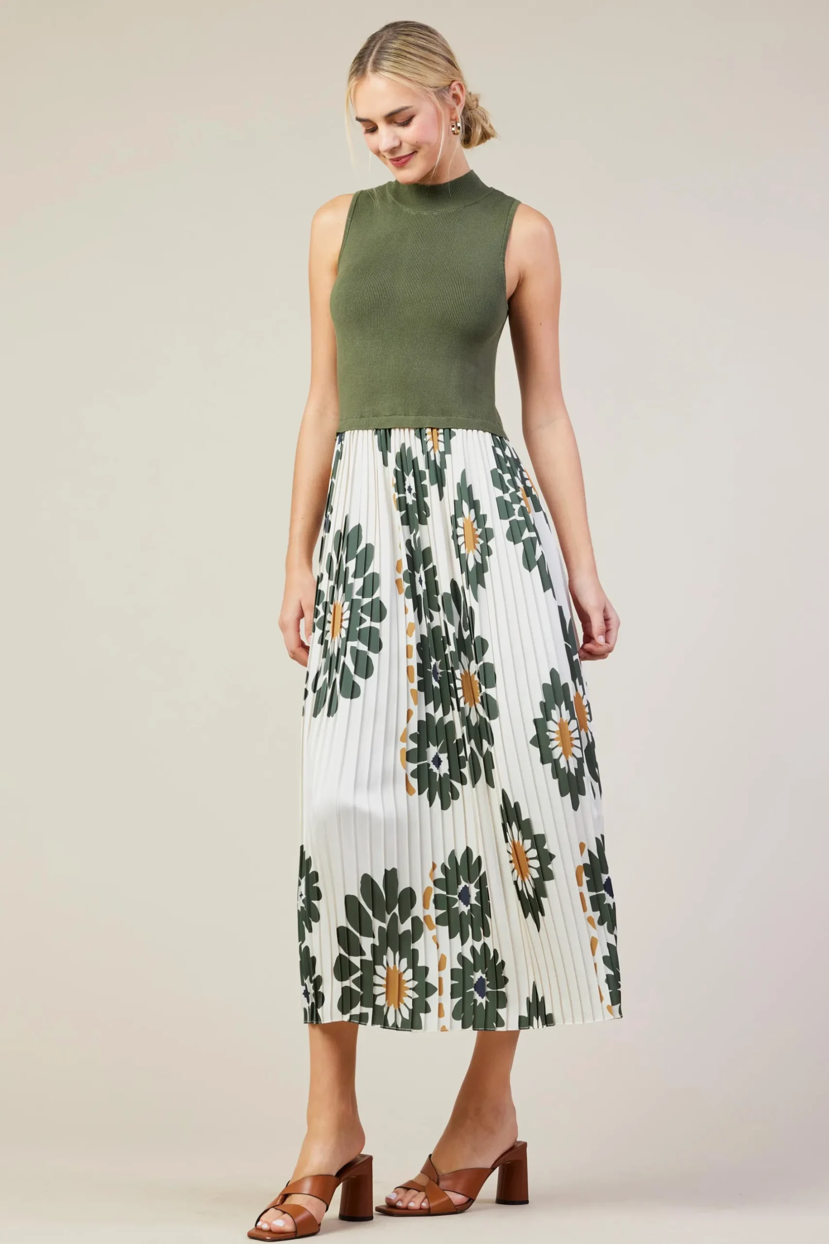SKIES ARE BLUE Midi Dresses*Floral Print Mixed Media Dress Cream-olive