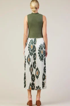 SKIES ARE BLUE Midi Dresses*Floral Print Mixed Media Dress Cream-olive