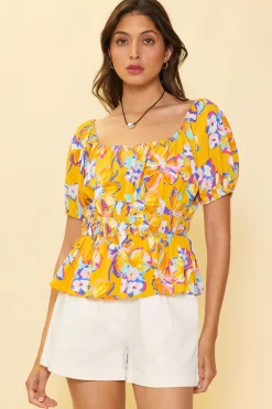 SKIES ARE BLUE Short Sleeve Tops*Floral Print Peplum Top Persimmon
