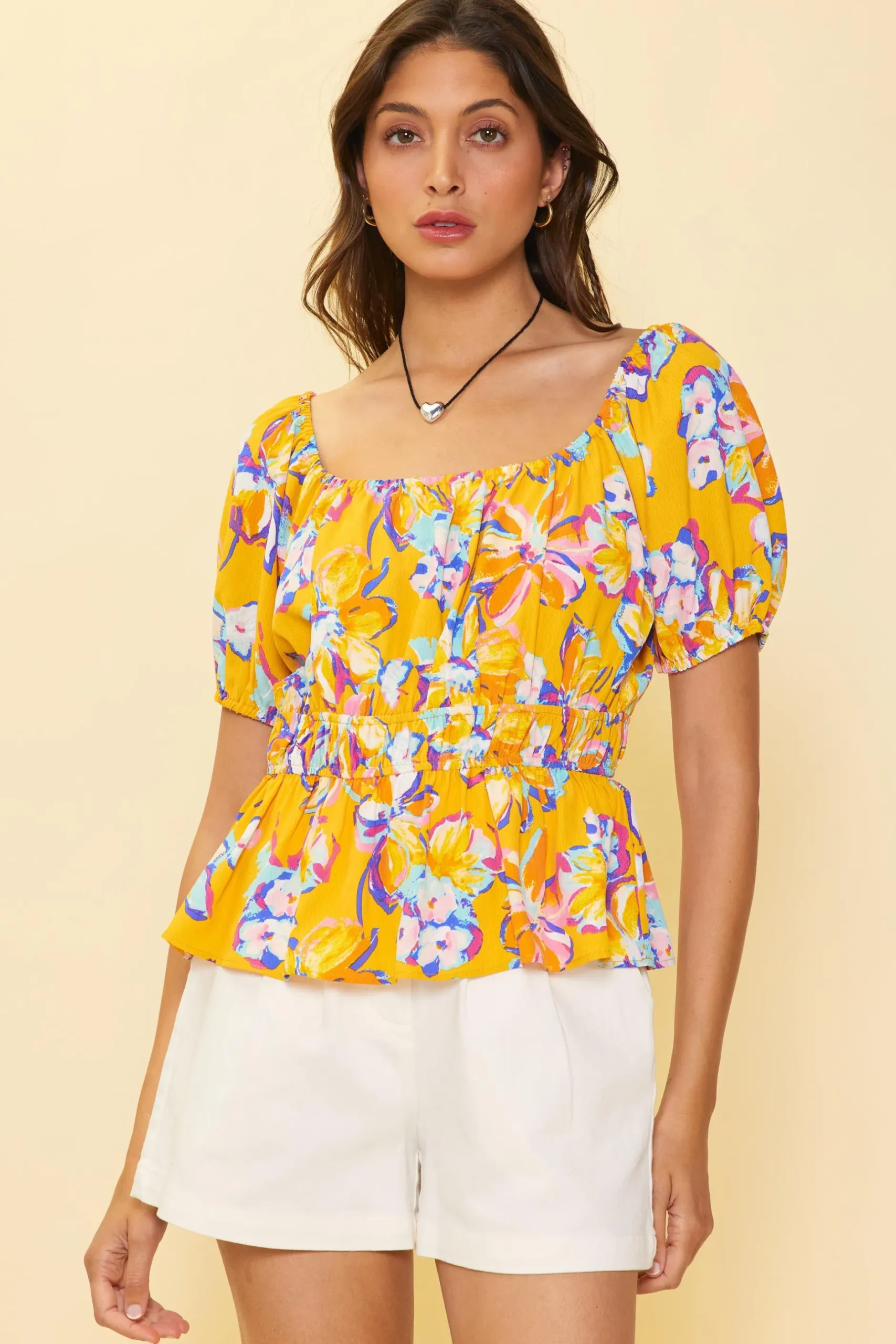 SKIES ARE BLUE Short Sleeve Tops*Floral Print Peplum Top Persimmon