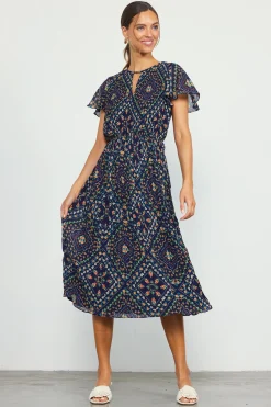 SKIES ARE BLUE Midi Dresses*Floral Print Pleated Midi Dress Navy