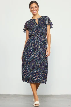 SKIES ARE BLUE Midi Dresses*Floral Print Pleated Midi Dress Navy