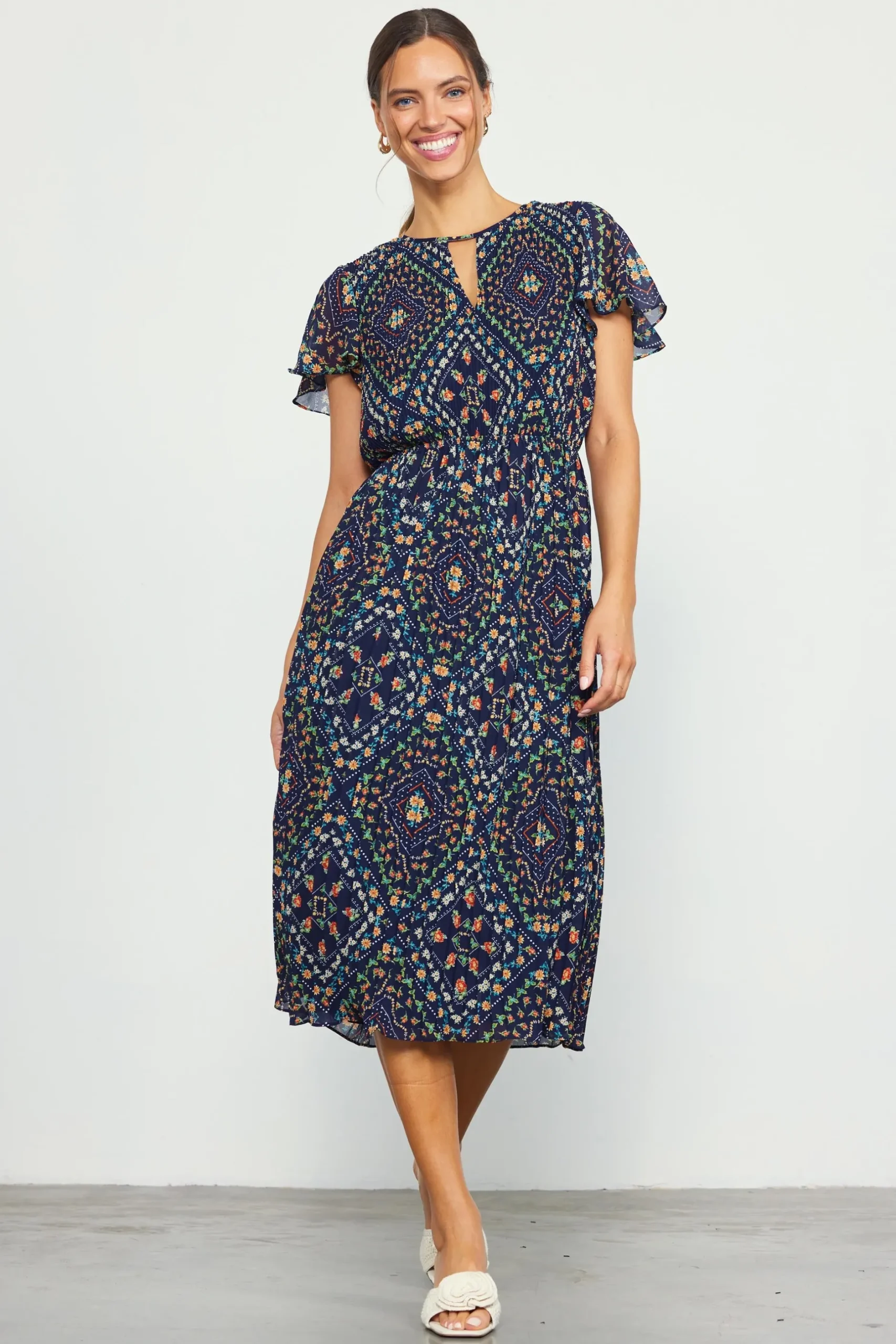 SKIES ARE BLUE Midi Dresses*Floral Print Pleated Midi Dress Navy