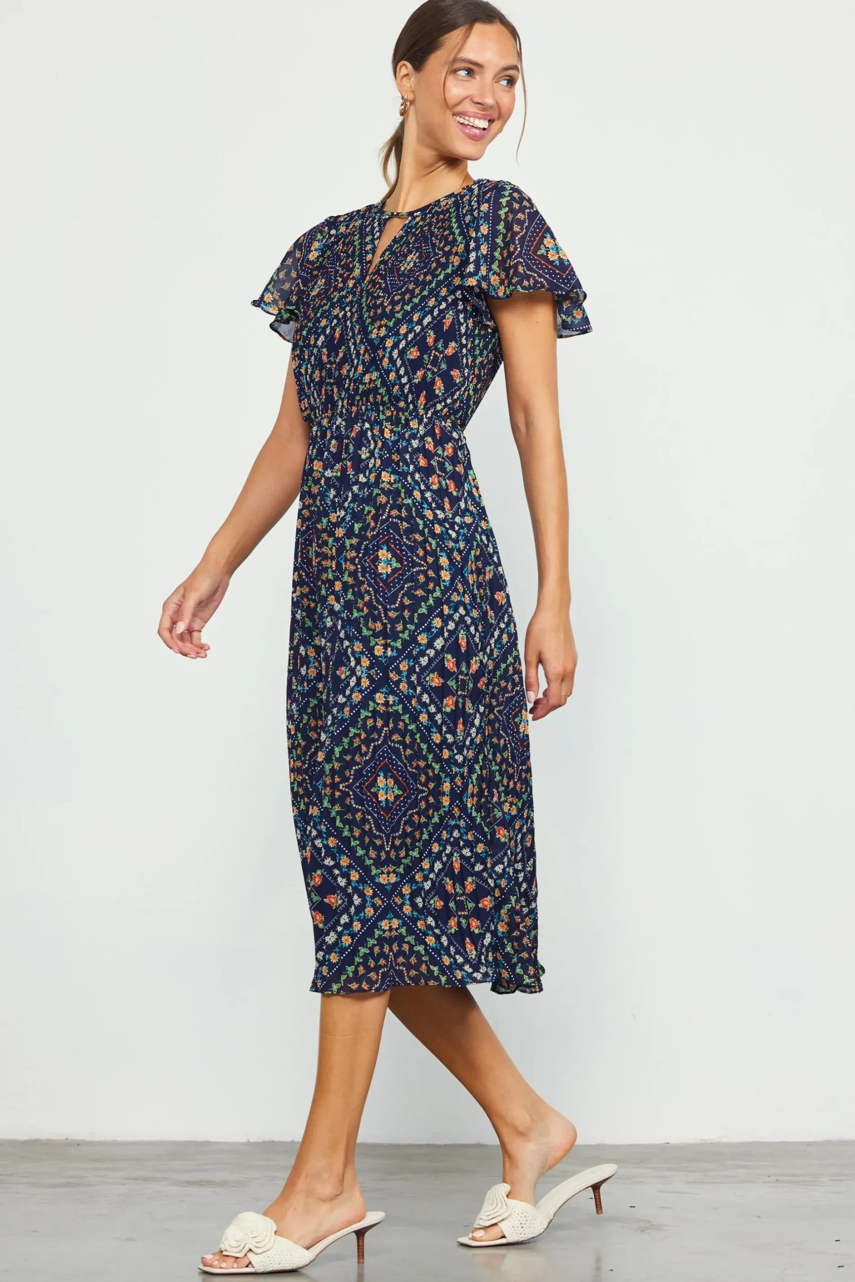 SKIES ARE BLUE Midi Dresses*Floral Print Pleated Midi Dress Navy