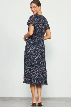 SKIES ARE BLUE Midi Dresses*Floral Print Pleated Midi Dress Navy