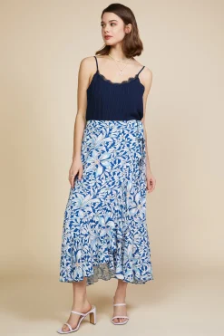 SKIES ARE BLUE Skirts*Floral Print Ruffled Wrap Skirt Whitenavy