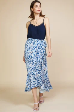 SKIES ARE BLUE Skirts*Floral Print Ruffled Wrap Skirt Whitenavy