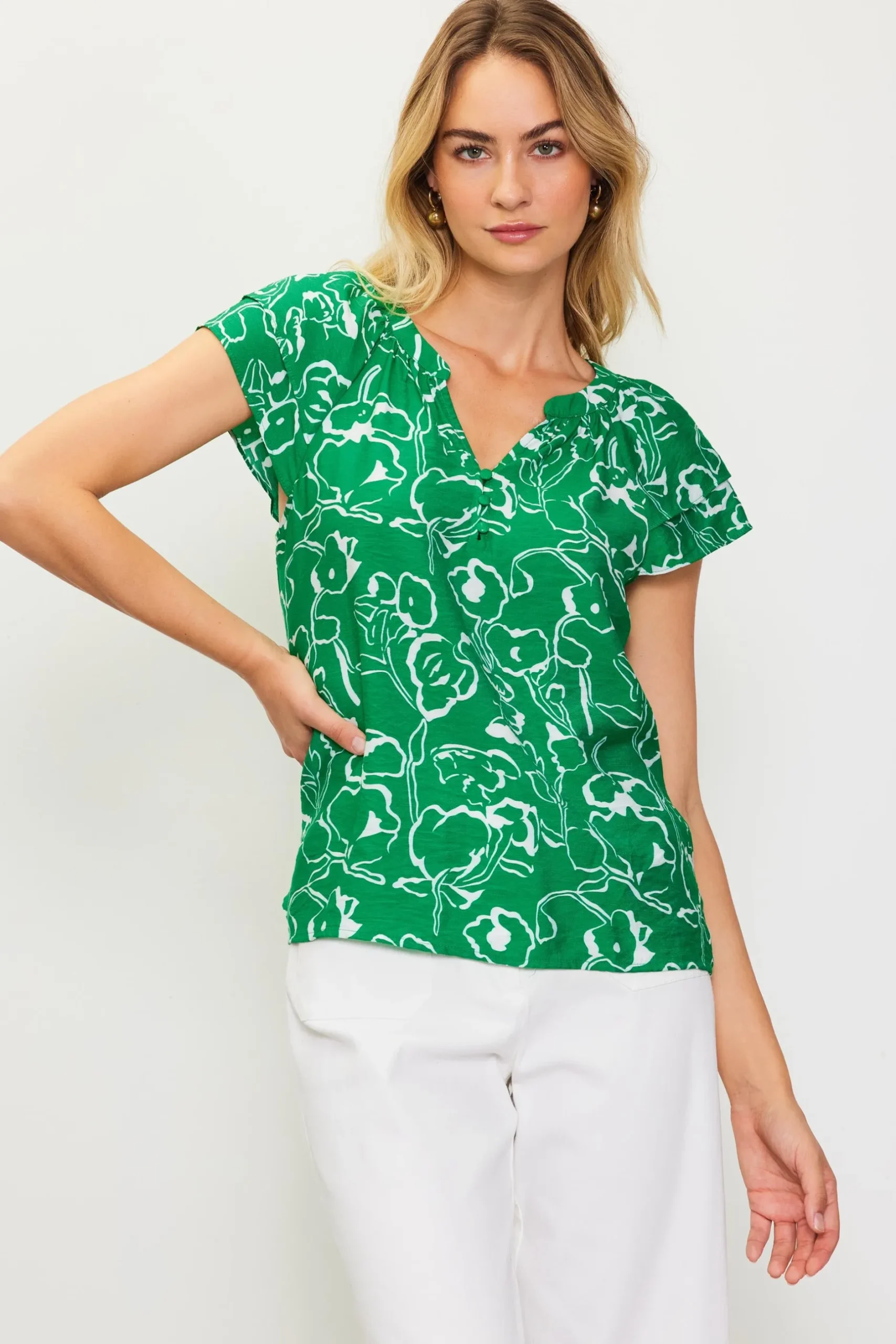SKIES ARE BLUE Short Sleeve Tops*Floral Print Short Sleeve Top Green