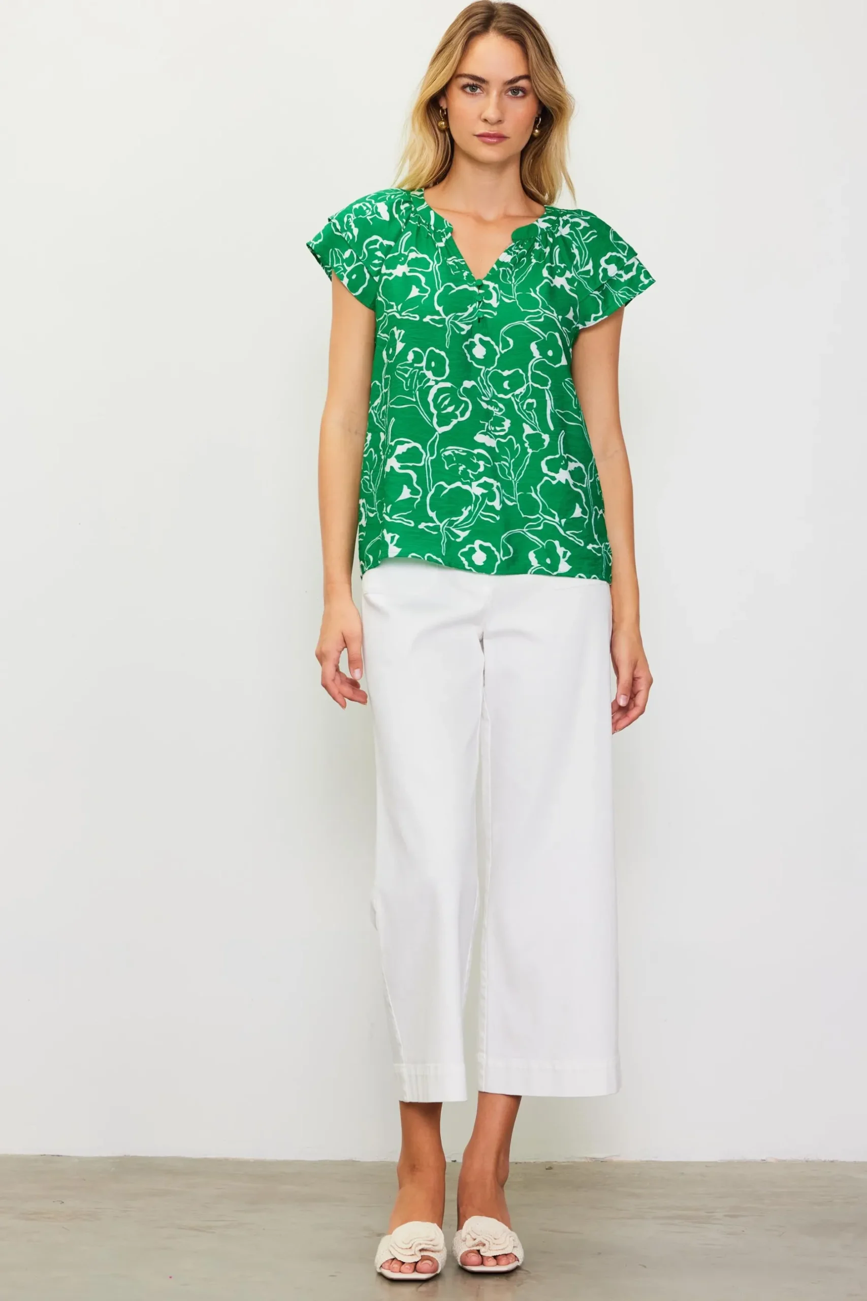 SKIES ARE BLUE Short Sleeve Tops*Floral Print Short Sleeve Top Green